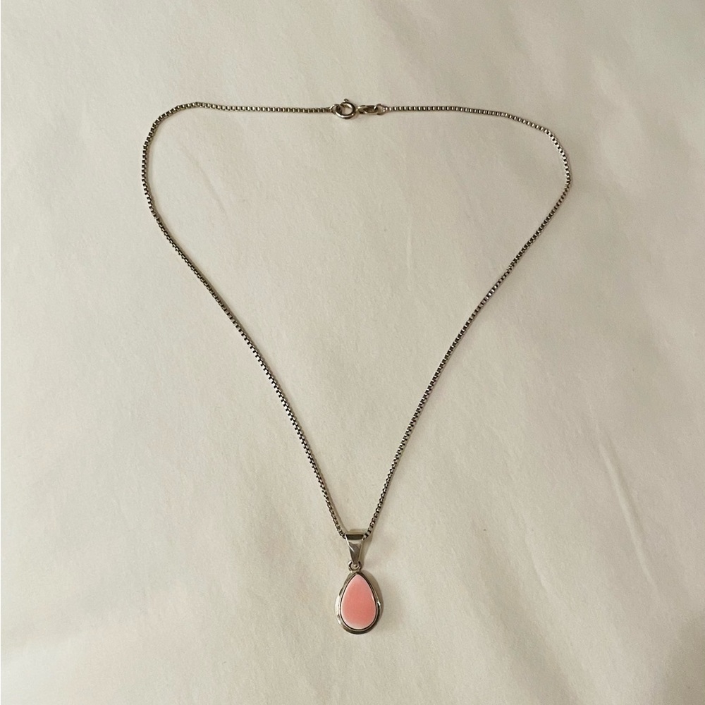 Pink stone pendant necklace with silver chain, 16”
